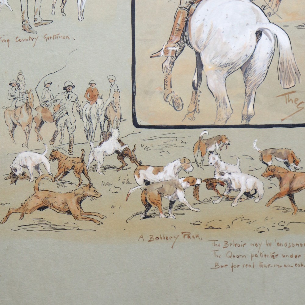 A black-framed antique equestrian print by Snaffles entitled Sport in the Shiney featuring multiple vignettes of polo matches and horse riding on a neutral background. View IV