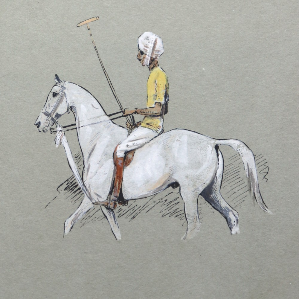 A black-framed antique equestrian print by Snaffles entitled Sport in the Shiney featuring multiple vignettes of polo matches and horse riding on a neutral background. View V