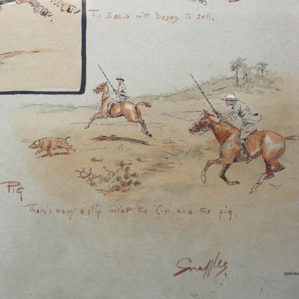 A black-framed antique equestrian print by Snaffles entitled Sport in the Shiney featuring multiple vignettes of polo matches and horse riding on a neutral background. View VI