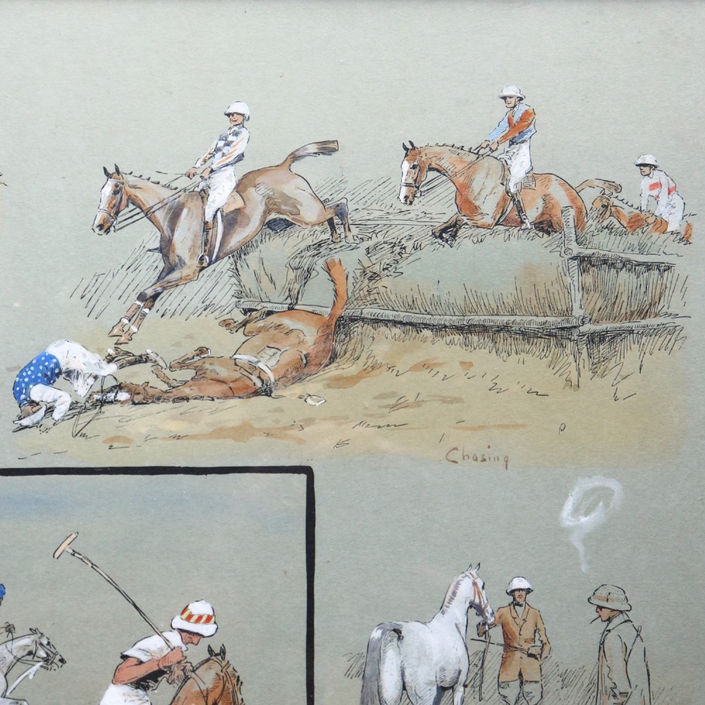 A black-framed antique equestrian print by Snaffles entitled Sport in the Shiney featuring multiple vignettes of polo matches and horse riding on a neutral background. View VIII