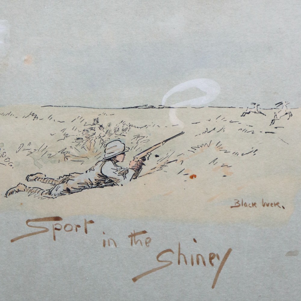 A black-framed antique equestrian print by Snaffles entitled Sport in the Shiney featuring multiple vignettes of polo matches and horse riding on a neutral background. View XI