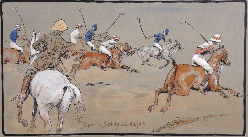 A black-framed antique equestrian print by Snaffles entitled Sport in the Shiney featuring multiple vignettes of polo matches and horse riding on a neutral background. View XII
