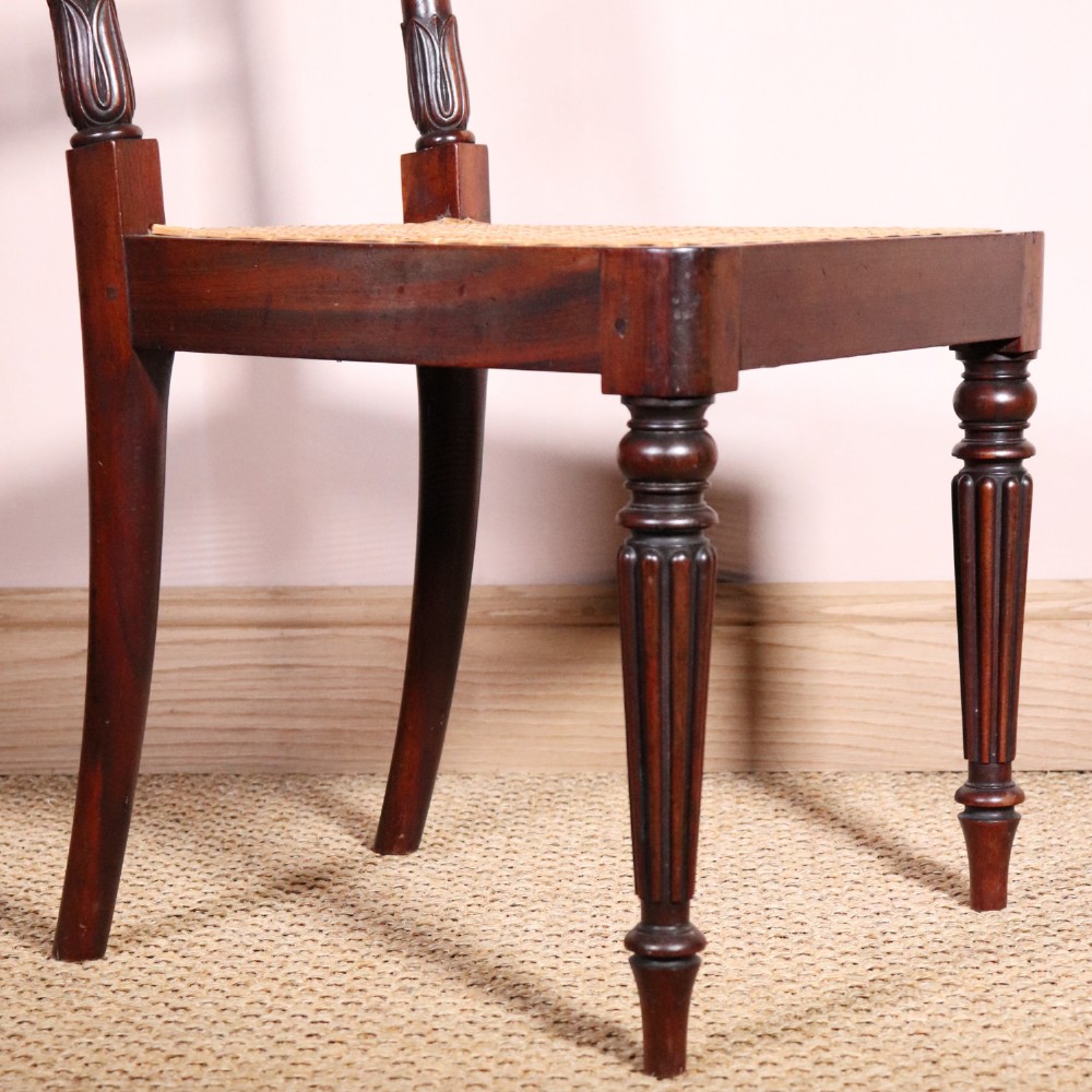 A set of six Regency period side chairs crafted from dark Goncalo Alves timber featuring carved crest rails, detailed backsplats, turned front legs, and hand-woven cane seats. View XI