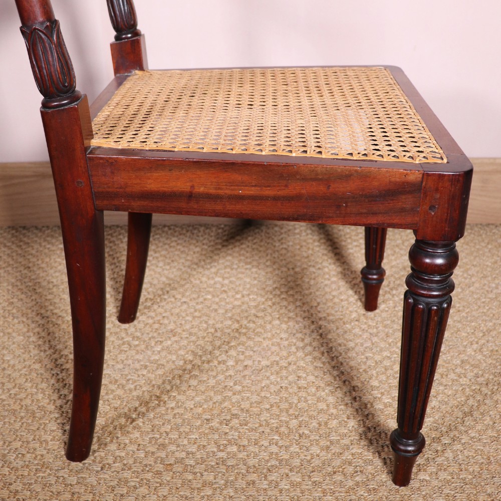 A set of six Regency period side chairs crafted from dark Goncalo Alves timber featuring carved crest rails, detailed backsplats, turned front legs, and hand-woven cane seats. View XII