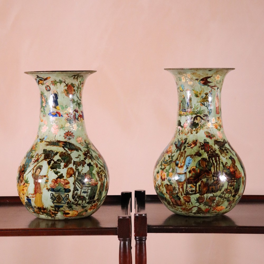 A pair of 19th-century pale green decalcomania glass baluster vases decorated with Chinoiserie figures, birds, and botanical motifs. View III