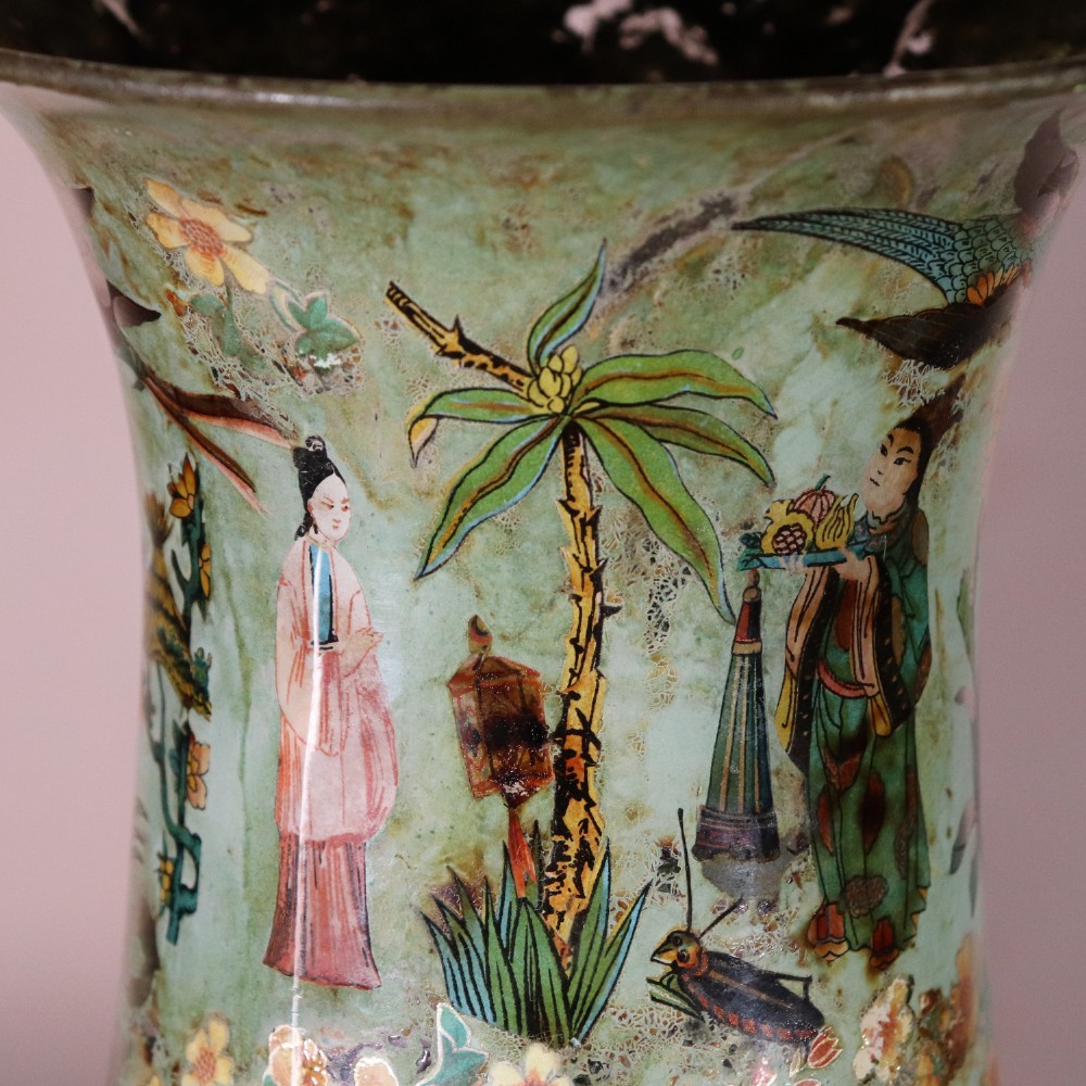 A pair of 19th-century pale green decalcomania glass baluster vases decorated with Chinoiserie figures, birds, and botanical motifs. View VIII