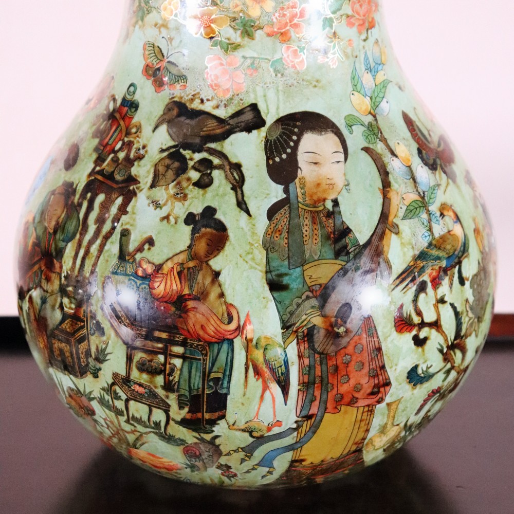 A pair of 19th-century pale green decalcomania glass baluster vases decorated with Chinoiserie figures, birds, and botanical motifs. View IX