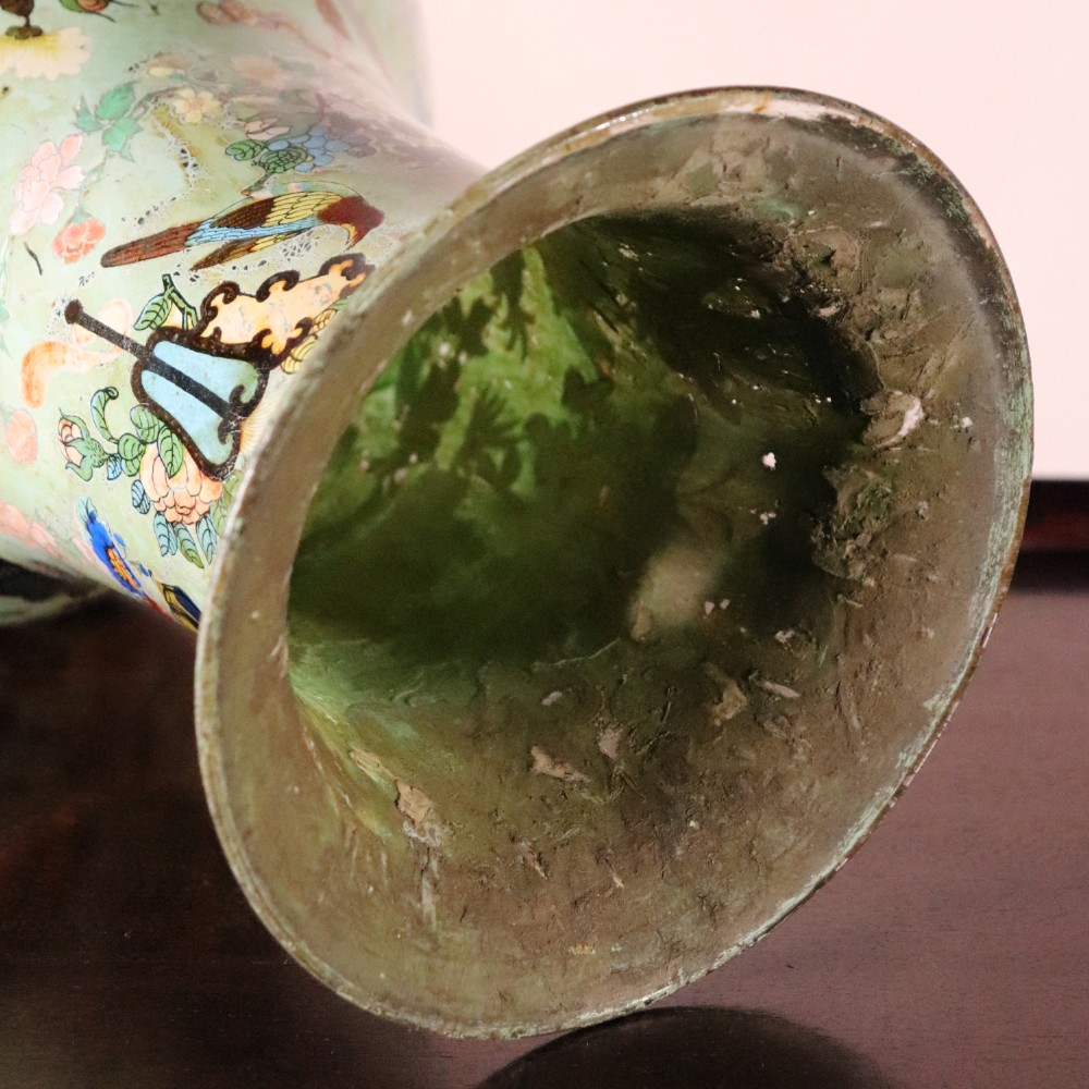 A pair of 19th-century pale green decalcomania glass baluster vases decorated with Chinoiserie figures, birds, and botanical motifs. View X