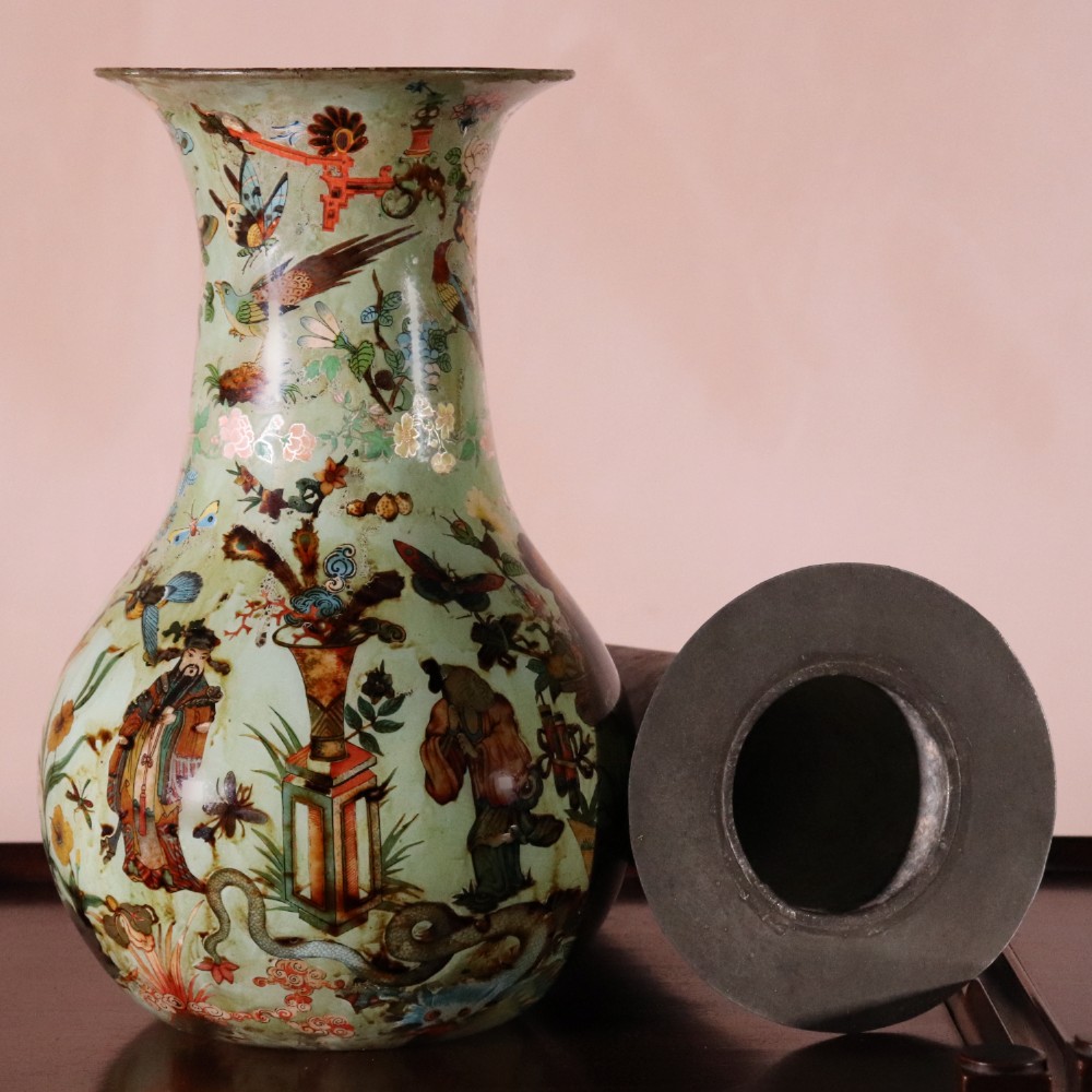 A pair of 19th-century pale green decalcomania glass baluster vases decorated with Chinoiserie figures, birds, and botanical motifs. View XII