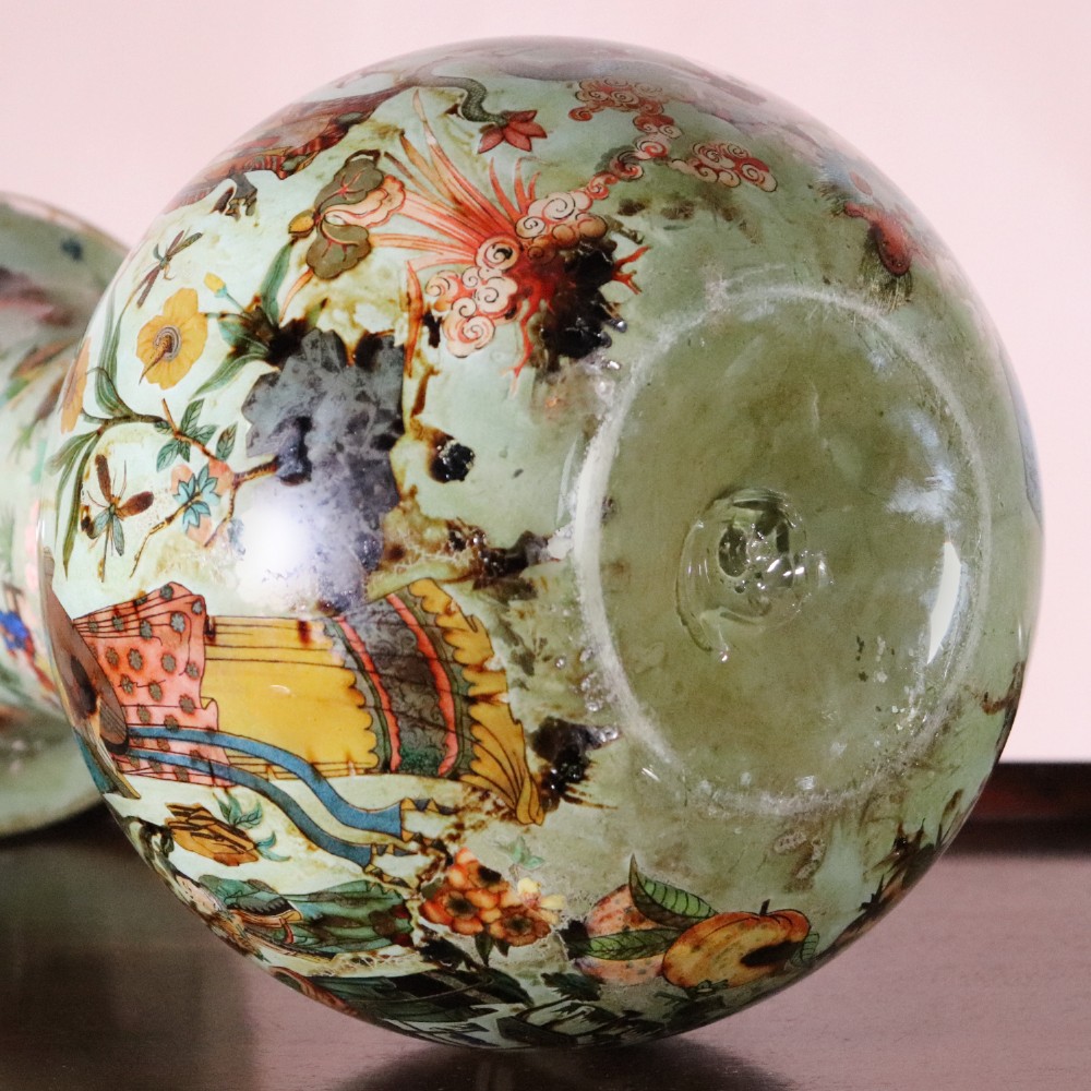 A pair of 19th-century pale green decalcomania glass baluster vases decorated with Chinoiserie figures, birds, and botanical motifs. View XIII
