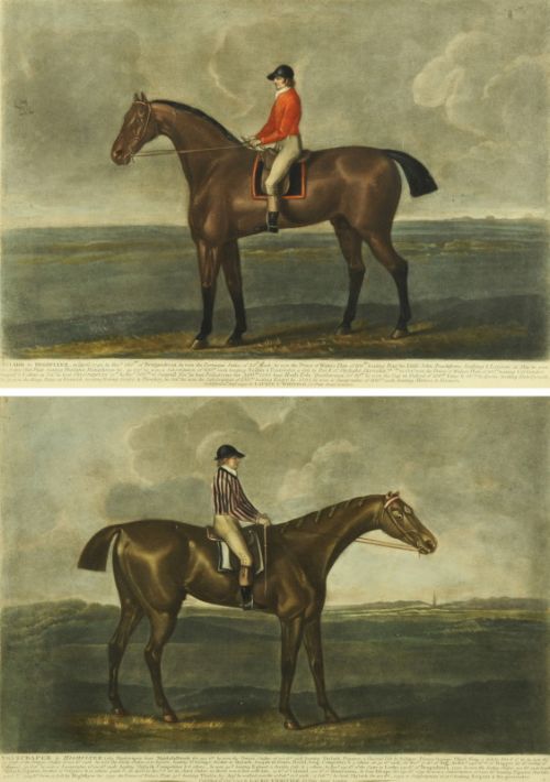 Pair 19thc Mezzotint Prints of Racehorses Skylark & Skyscraper