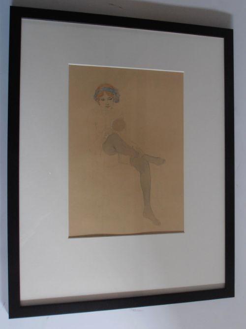 Raphael Kirchner. Original Drawing of a Naked Young Girl Wearing Black Stockings.