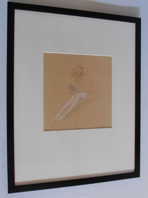 Raphael Kirchner. Original Drawing of a Naked Young Girl Wearing White Stockings.