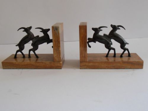 Art Deco Marble Bookends Mounted with Bronze Ibex