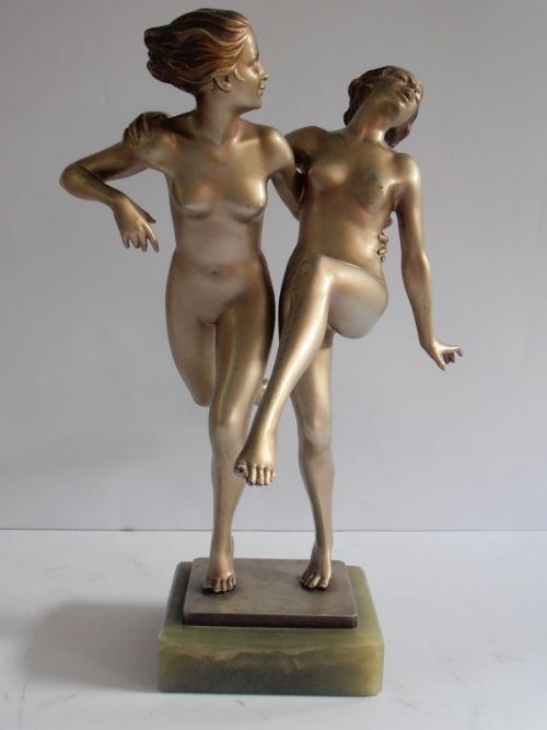 Josef Lorenzl. Large Bronze Figure of Two Naked Dancing Girls.