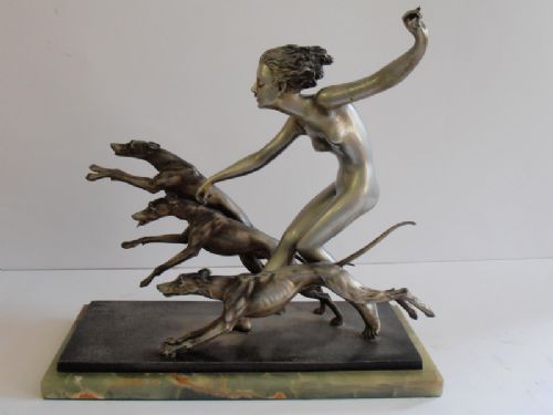 Josef Lorenzl. Large Bronze Group of a Naked Girl Leading Three Greyhounds.