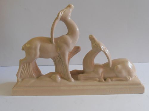 Art Deco Ceramic Figure of Two Ibex. Signed "Lemanceau"