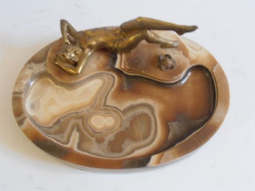 Marble Desk Tidy with Bronze Reclining Naked Girl.