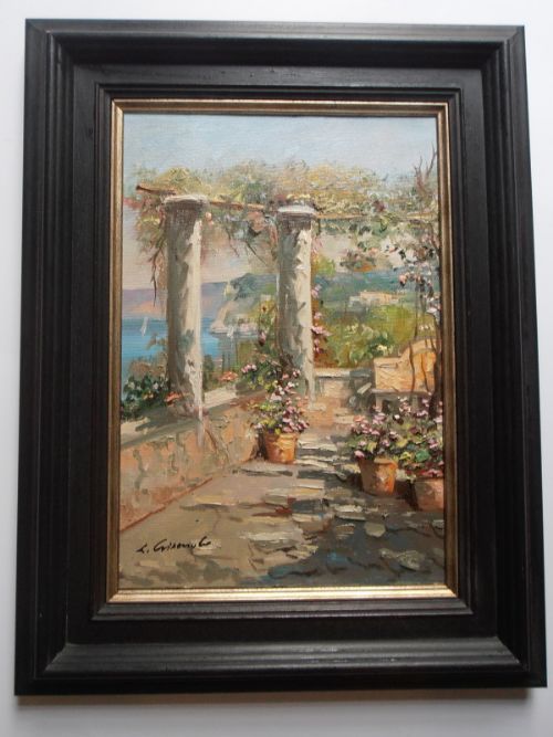 Mediterranean Stone Verandah in Summer, Oil on Canvas