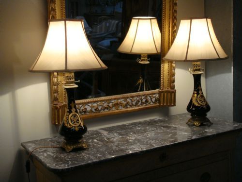 A Pair of French Late 19th Century Black Decorated Table Lamps
