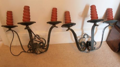 Pair Wrought Iron Three Branch Wall Lights