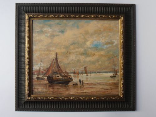 Adolphe Rogan (1847 -1924),Oil on Board, Beached Fishing Boats at Sea on a Winter's Day
