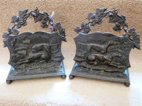 Pair of Bronze Letter Racks with Two Dogs in Relief.