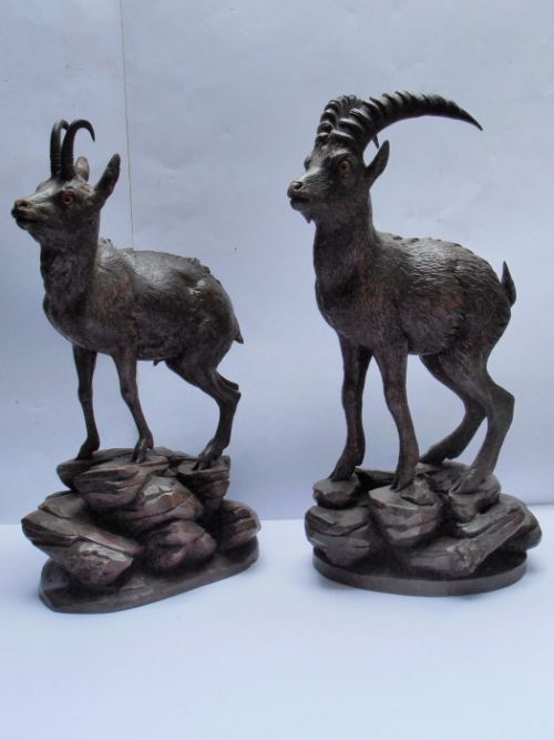 Pair of Large Black Forest Carved Wooden Ibex