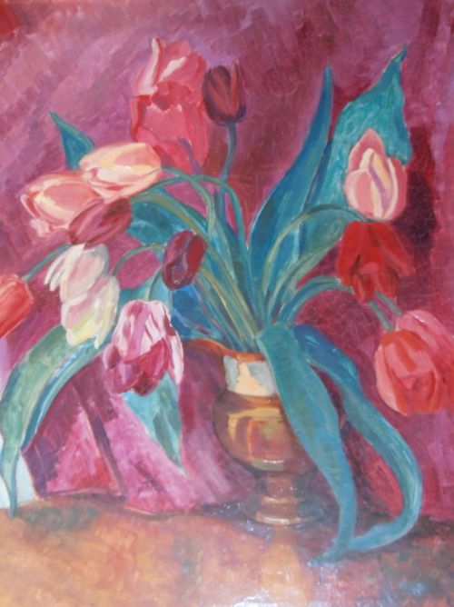 fig 1. Nora Summers - Oil - Red Tulips in a Lustre Jug