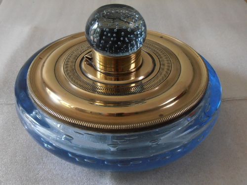 A Whitefriars Blue Glass Brass Inkwell