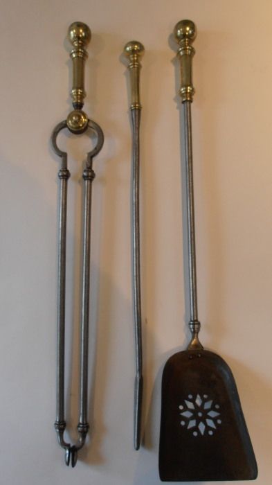 A Set of Steel Fire Irons with Brass Handles Early 19thc