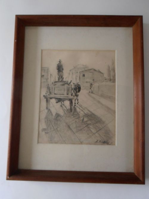 P Pietsoni, a Pencil Drawing - Man with Cart and Donkey