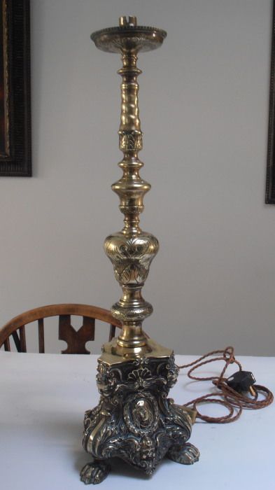 A 19thc Brass Pricket Stand as a Lamp
