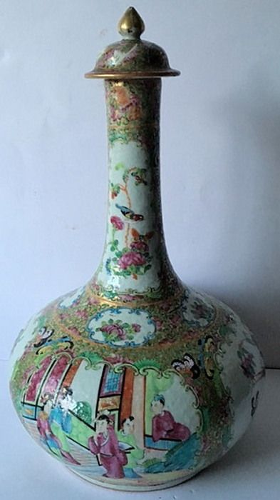 A Canton Enamel Decorated Porcelain Bottle Vase & Cover
