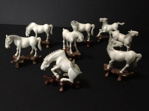 Chinese Ivory Horses of Wang Mu on Stands in Various Poses C 1910