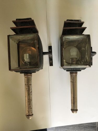 Pair of Brass & Copper Coaching Lamps Converted