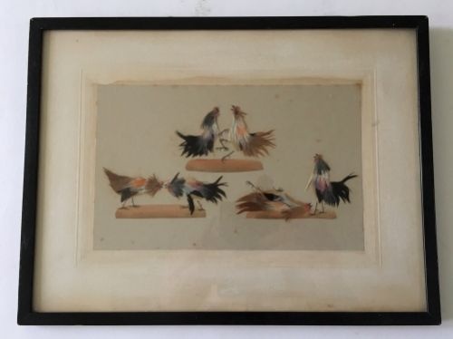 Mid 19thc Cock Fighting Picture Made of Feathers
