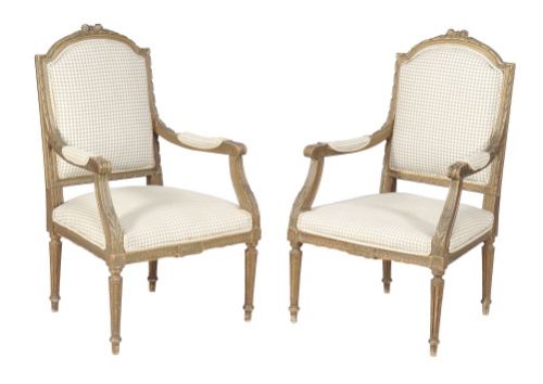 A Pair of 19thc Green Painted and Carved Wood Armchairs