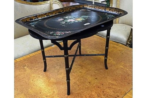 A Victorian Tole Piente Rectangular Tray on Stand
