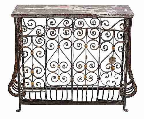 A Wrought Iron and Parcel Guilt Console Table