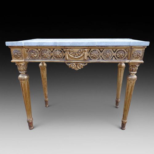 Italian Gilt Console Table Standing on Fine Reeded Legs, Ca. 1790-1815