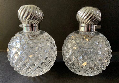 Pair of Victorian Hallmarked Silver Mounted Cut Glass Scent Bottles 1894
