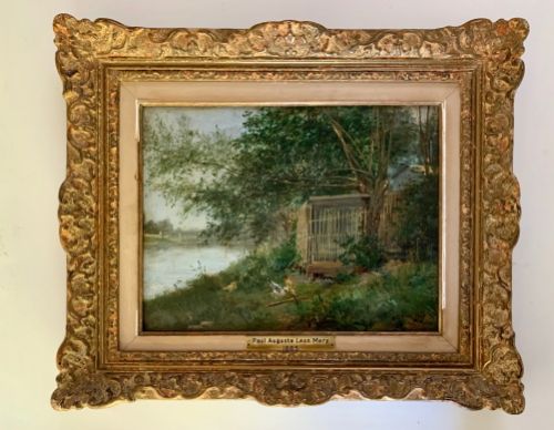 Paul Auguste Leon Mery - A Charming Chicken Coop Beside a River - Oil on Board 1885