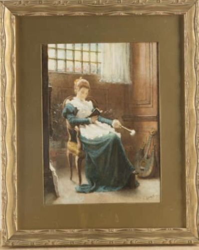 Charles Gogin - Watercolour - A Lady Sat Reading