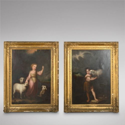 A Pair Mid 19thc Oils on Canvas of a Girl & Boy with Sheep
