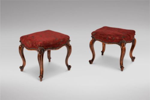An Attractive Pair of Victorian Walnut and Upholstered Stools