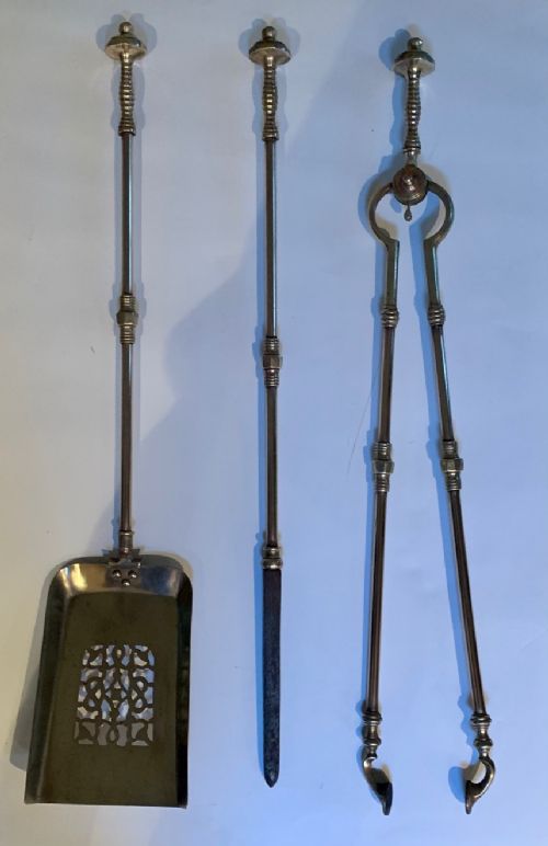 A Set of Mid 20thc Brass and Steel Fire Irons
