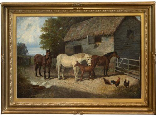 Samuel Joseph Clark – 19thc Farm Yard Scene (Horses) – Oil on Canvas 
