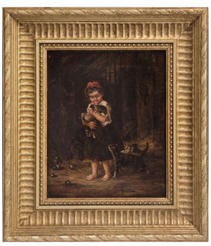 A Charming 19thc Oil on Canvas - Girl with Kittens
