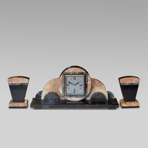 Onyx Art Deco Clock Set Including Sconces
